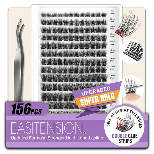 Self Adhesive Eyelashes Upgraded 156 PCS EASITENSION Clusters Kit Lash Clusters DIY Eyelashes Pre Glued Reusable No Glue Needed No Remover No residue, Black