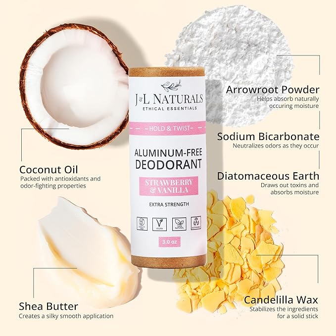 J&L Naturals Aluminum Free Deodorant for Men & Women | 100% Natural Ingredients With Coconut Oil, Shea Butter, & Essential Oils | Sustainable, Eco-Friendly (Strawberry & Vanilla, 3.0 Oz (Single))