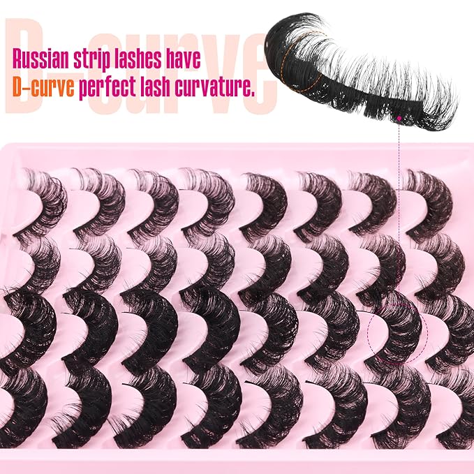 Russian Strip Lashes D Curly False Eyelashes Wispy 4 Styles Fake Eyelashes Natural Russian Eyelashes Fuzzy Mink Lashes that Look Like Extensions 16 Pairs ALICROWN