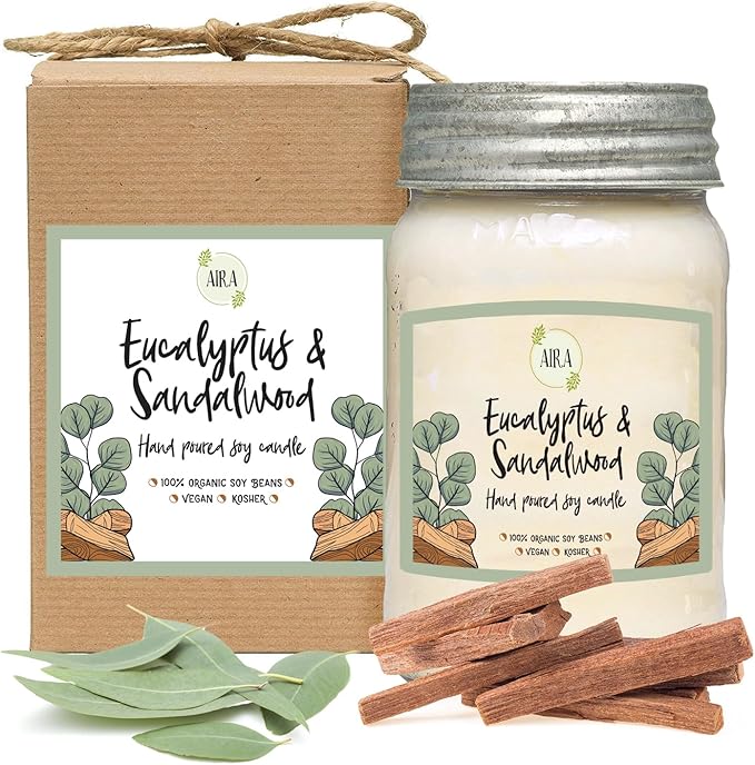 Aira Soy Candles - Organic, Kosher, Vegan, in Mason Jar w/Therapeutic Grade Essential Oil Blends - Hand-Poured 100% Soy Candle Wax - Paraffin Free, Burns 110+ Hours - Eucalyptus & Sandalwood -16 Ounce