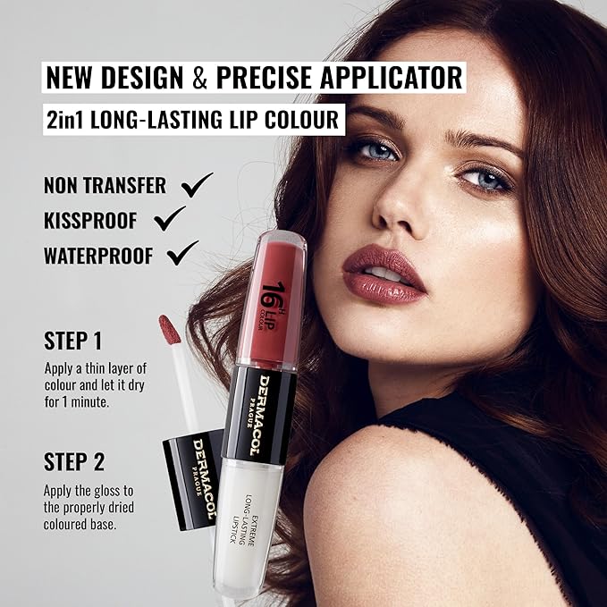 Dermacol NEW 16-Hour Lip Colour, Highly Pigmented Glossy Lip Stain, Two-Phase Lip Plumper Gloss, Kissproof Lip Makeup Products with Matte and Glitter Finish, n.35