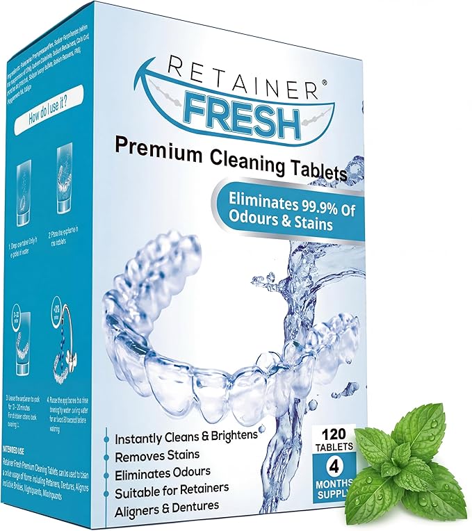 Retainer Cleaner Tablets - 120 Tablets 4 Month Retainer Fresh - Retainer Cleaning Tablets, Mouth Guard Cleaner, Denture Cleaner, Aligner Cleaner, Brite Retainer Tablets