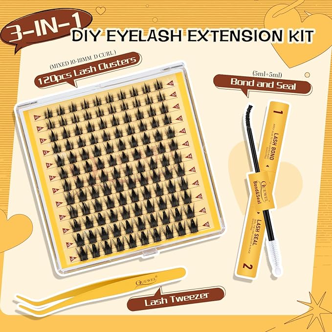 QUEWEL Fairy-Lash Clusters Kit, 120pcs Manga-Eyelash Clusters Kit Mix10-18mm Cluster Eyelash Extensions Kit With Lash Bond and Seal, Lashes Clusters Tweezers for DIY Natural Lashes(FD-XYT 3 Set)