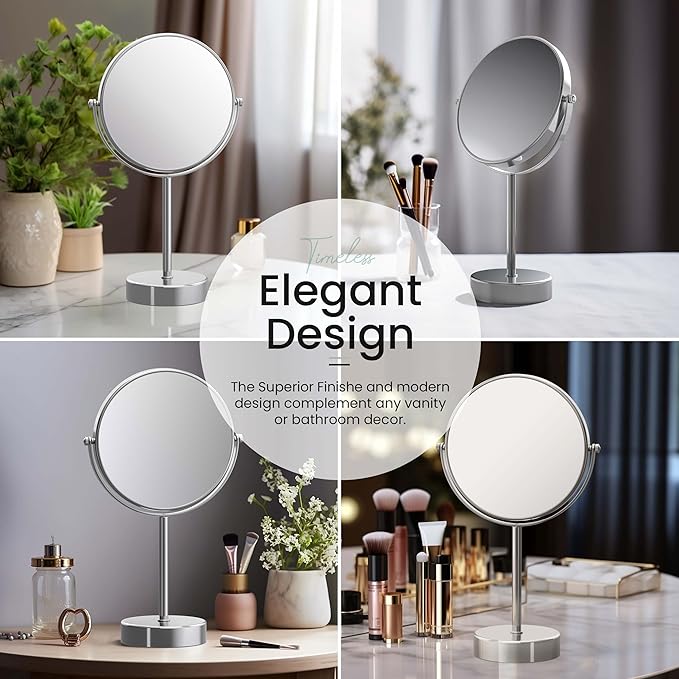 KIBI Free Standing Magnifying Makeup Mirror | Dual-Sided 1X/5X Magnification | 360° Rotating Vanity Mirror for Precise Grooming, Skincare & Beauty (Chrome, KMM103)