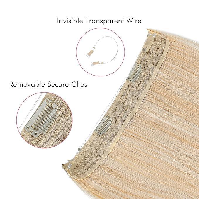 REECHO Invisible Wire Hair Extensions with Transparent Headband Adjustable Size Removable Secure Clips in Straight Secret Hairpiece for Women (14 Inch (Pack of 1), Light Blonde)