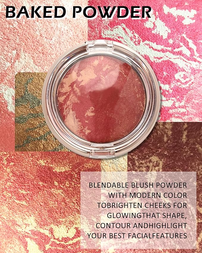 Baked Blush,Glow Marbleized Blusher Powder Palette,Lightweight Shimmery Blusher for Cheeks,Eyeshadow & Highlight,Makeup Gift for Women rubores de maquillaje(0.49Ounce)-08 Gold Pink
