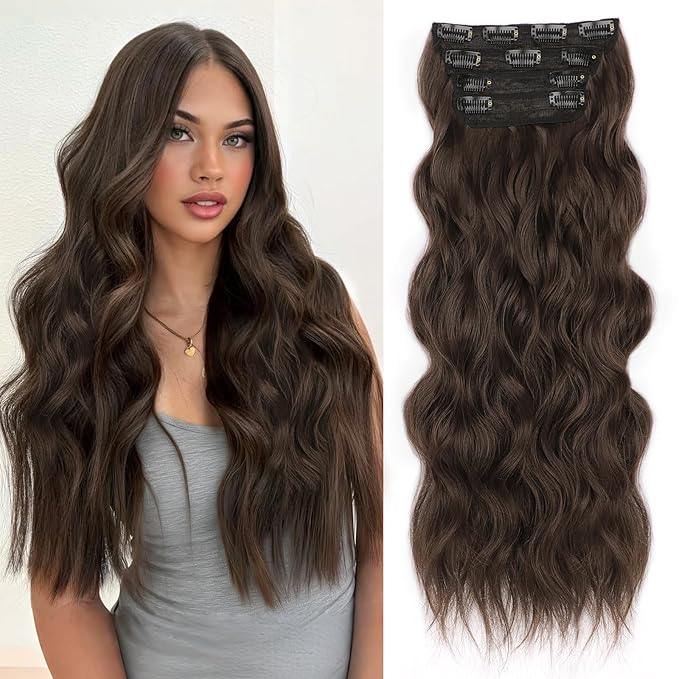 ALXNAN Clip in Long Wavy Synthetic Hair Extension 24 Inch Deep Chocolate Brown with Reddish Brown Highlights 4PCS Thick Hairpieces Fiber Double Weft Hair for Women
