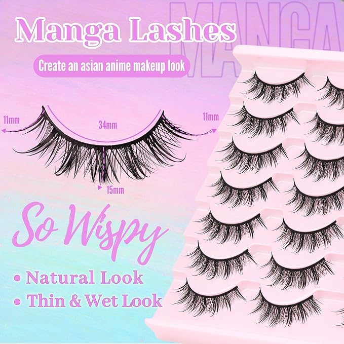 Losha Lashes Spiky Manga Lashes 14 Pairs Wet Look Anime False Eyelashes Wispy Asian Strip Lashes Pack Soft Reusable Fake Eyelashes (Spiky)