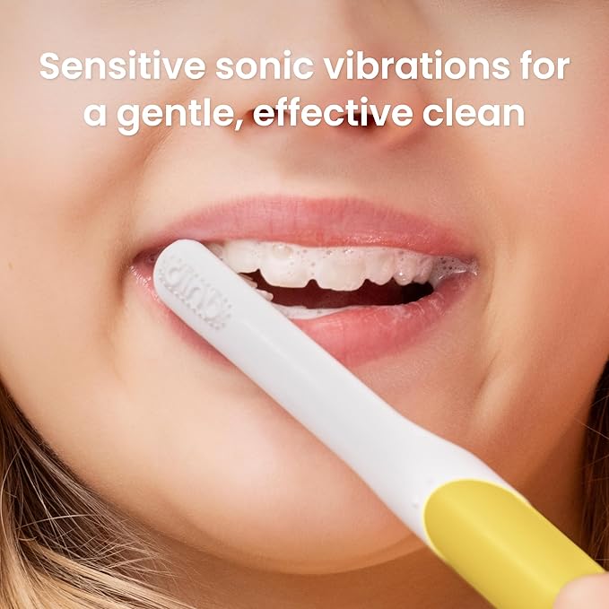 Quip Sonic Toothbrush for Kids with Timer - Includes Extra Brush Head and Travel Cover Mount - Electric, Soft Bristle Refill Head, Plastic Handle, 3 Month Battery Life - Spark Yellow