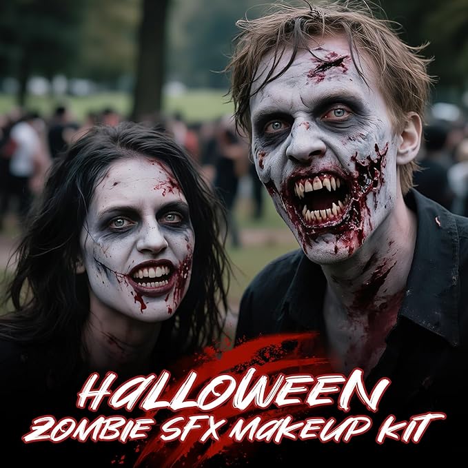 Halloween Zombie SFX Makeup Kit, Complete Zombie Makeup Set Include 5 Colors Face Paint, Scar Wax, Setting Powder, Fake Blood & Liquid Latex for Cosplay Stage Realistic Special Effects Makeup