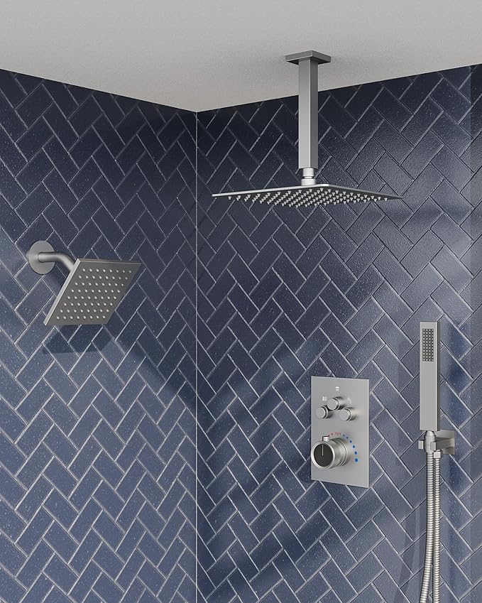 GRANDJOY Thermostatic Shower System, Dual Rainfall Shower Heads for Ceilling & Wall Mounted with Handheld Sprayer, Brushed Nickel