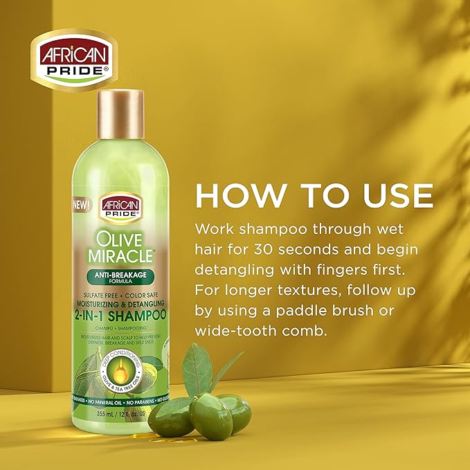 African Pride Olive Miracle Shampoo & Conditioner 2 in1 Formula (3 Pack) enriched with tea tree and olive oil to moisturize and protect hair and scalp, 12oz.