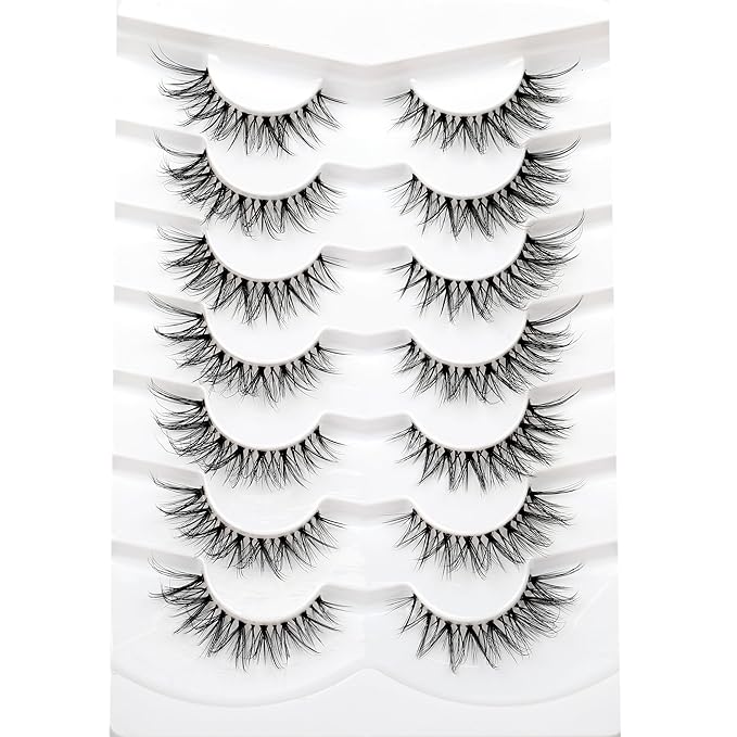 Pooplunch False Eyelashes Cat-Eye Look Wispy Lashes Fairy Fluttery Volume Natural 8D Crossed Fake Eyelashes Faux Mink Lashes Strips 7 Pairs