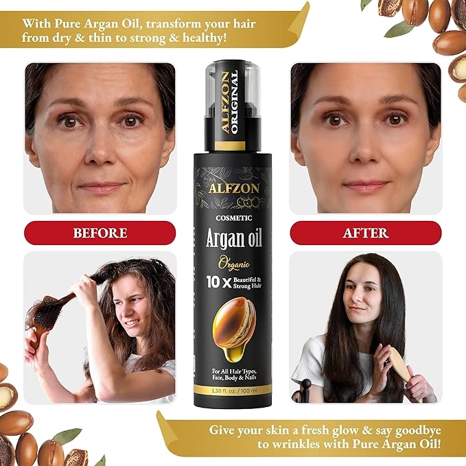 𝓐𝓛𝓕𝓩𝓞𝓝 Moroccan Argan Oil 100% Pure USDA Organic Cold Pressed Lightweight Formula for Dry, Damaged & Curly Hair Boosts Shine, Controls Frizz, Hydrates Skin, Face, Body & Beard - 100 ml (3.38 oz)
