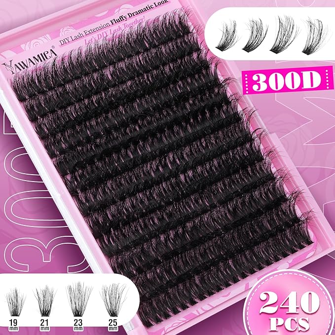Yawamica Eyelash Clusters Fluffiest Wispy Eyelash Extension 19-25mm Lash Clusters 300D Mega Volume Individual Lashes 240pcs Cluster Lashes DIY Lash Extension by Self for Beginners