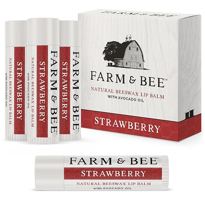 Natural Lip Balm - Organic & Natural Ingredients - Beeswax Based Moisturizing Lip Care Chapstick for Chapped Lips - Great Gift Idea - Farm & Bee - 0.15oz (Pack of 4 - Strawberry)