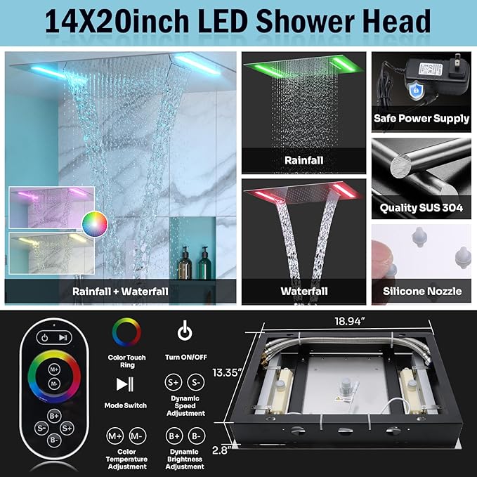 HOMEDEC Dual Shower Faucet Set for Couples, LED 14x20" & 6" Side Shower Heads, 4-Way Diverter Valves, Shower System with Body Jets & Handheld, Chrome
