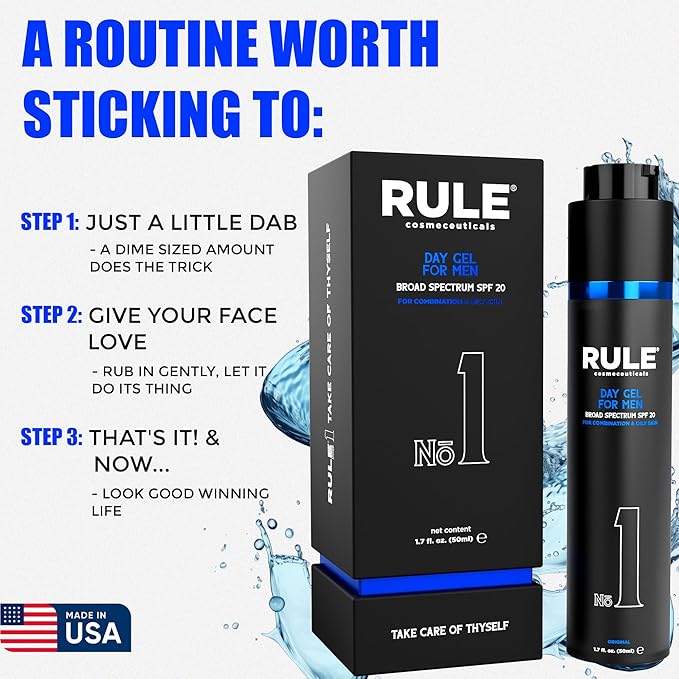 RULE COSMECEUTICALS No.1 Day Gel for Men, 10-in-1 Anti-Aging Face Moisturizer to Reduce Wrinkles, SPF 20, Collagen, Vitamins B, C & E - Combination & Oily Skin - Original, 50 mL