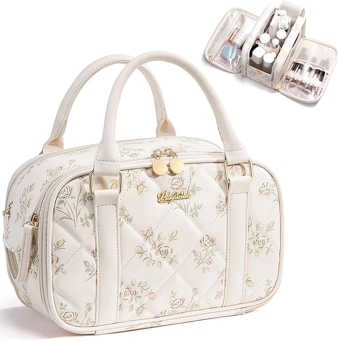 Bagstellar Travel Makeup Bag, Large Capacity Quilted Toiletry Bag for Women Wide-open Cosmetic Bag Make Up Case Organizer Portable Pouch w/Handle & Brush Holder for Traveling Accessories Beige Floral