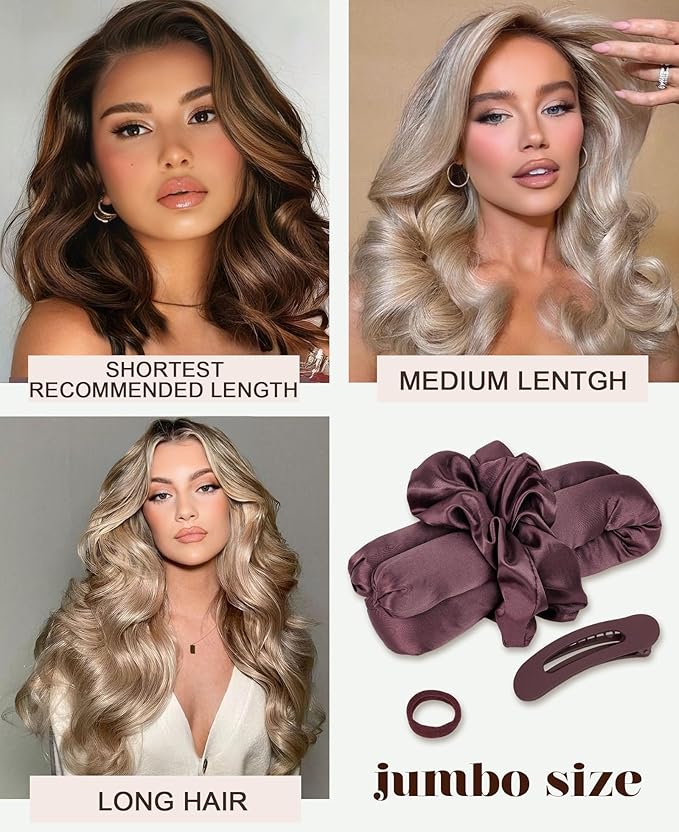 Jumbo Heatless Curls Overnight Hair Curlers to Sleep In Large Hair Rollers for Long Hair Blowout Look No Heat Overnight Curls, Soft Satin Flexi Rods Heatless Curling Rod Set Styling Tools for Women