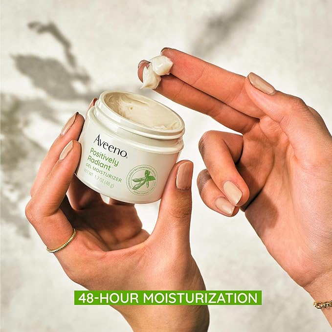 Aveeno Positively Radiant Daily Gel Facial Moisturizer with Hyaluronic Acid & Tone-Correcting Soy, Hydrating & Brightening Gel Face Cream Evens Skin Tone & Texture, Hypoallergenic, 1.7 oz