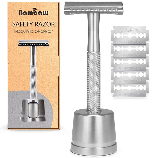 Bambaw Double Edge Safety Razor for Men with Stand, Reusable Metal Razor with 5 Double Edge Blades, Single Blade Razors for Men & Women – Silver