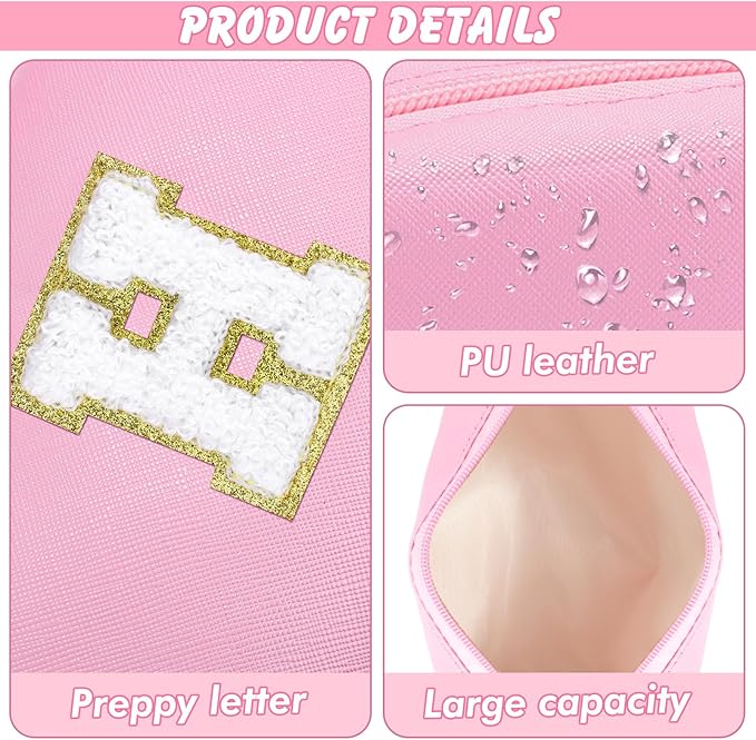 URSKYTOUS Initial Makeup Bag Personalized Preppy Travel Small Cosmetic Bag Cute PU Pink Chenille Letter Makeup Pouch for Purse Waterproof Zippered Toiletry Organizer for Women Girls Kids Friends (H)