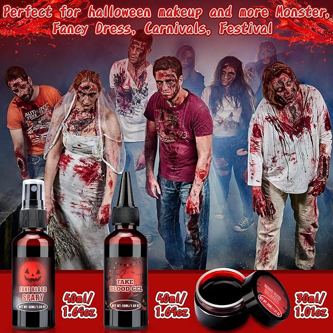 TonJin Halloween Fake Blood Makeup Kit, 3PCS Realistic Washable Costume Blood Set (1.69oz Spray + 1.69oz Dripping + 1.01oz Coagulated ) for Zombie Vampire SFX, Dark Coagulated & Fresh Spray Effects