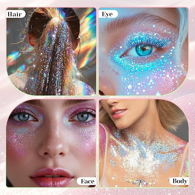 DAGEDA 2 Colors Roll-on Body Glitter, Eye Face Glitter Gel for Festival Outfit Mermaid Accessories,Holographic Color Body Shimmer Makeup Rave Outfits Accessories for Women(02+05)