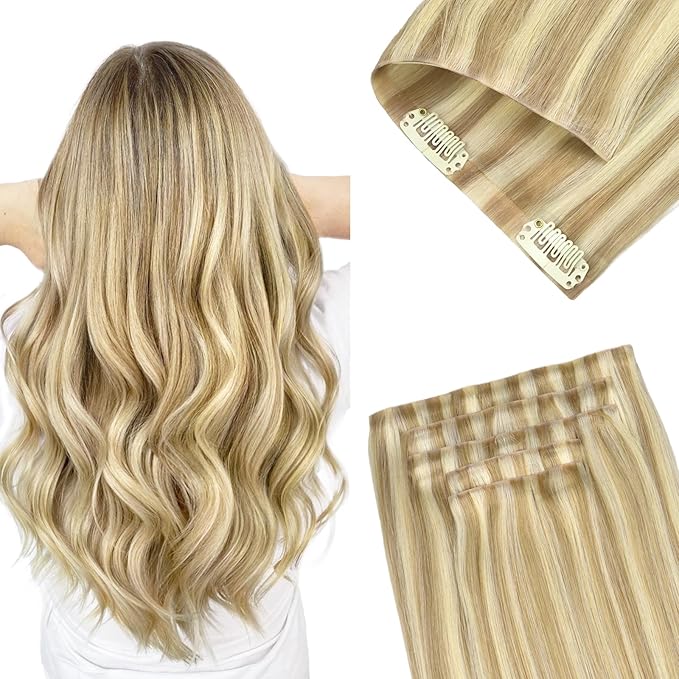 GOO GOO Invisi Edge Clip in Hair Extensions 22inch 160g 7Pcs Injected Seamless PU Clip in Hair Extensions, Virgin Real Human Hair, #16/22 Light Blonde Highlighted Golden Blonde