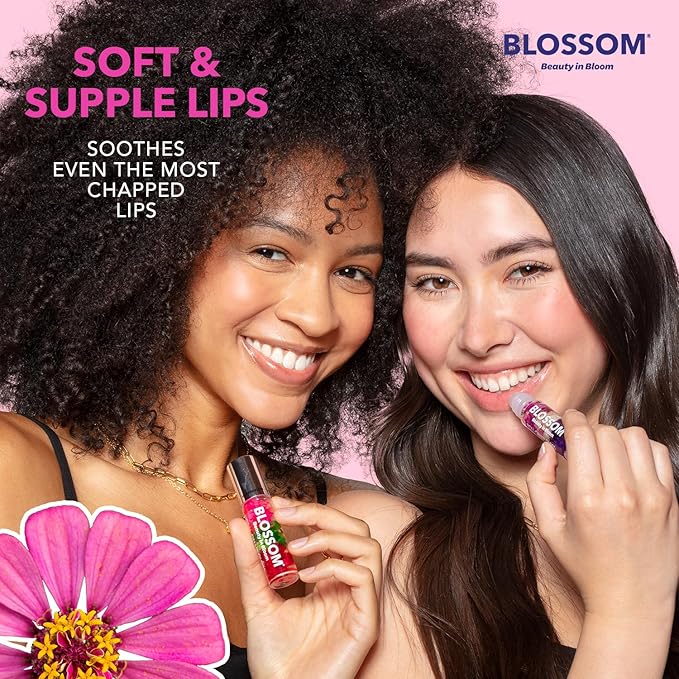 Blossom Roll on Lip Gloss, Scented Clear High Shine Moisturizing Lip Oil, Non Sticky, Infused with Real Flowers, Made in USA, 0.2oz, Raspberry Hemp