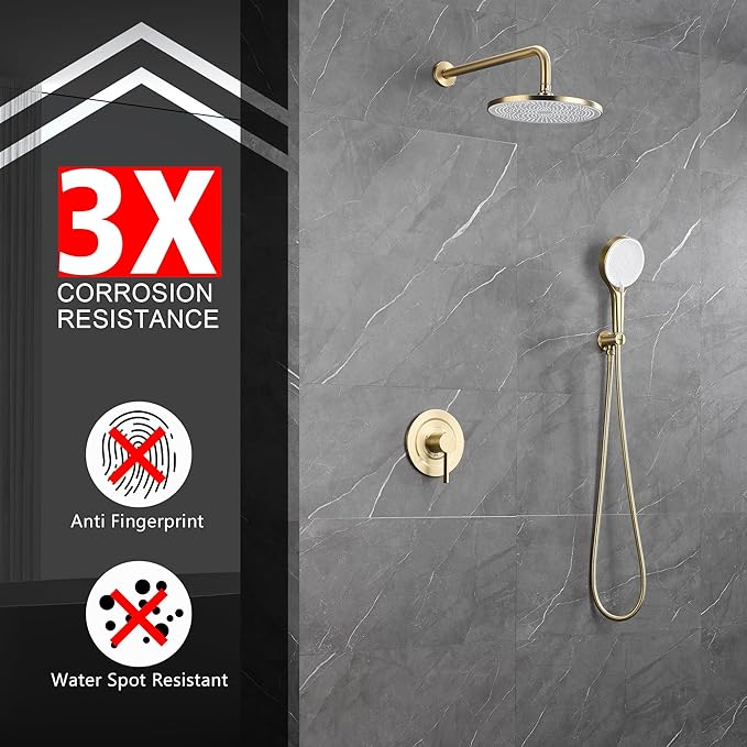 sumerain Rain Shower System with 10 inch Rainfall Shower Head,Brushed Gold Shower Faucet Complete Set with Rough-in Valve and Trim Kit