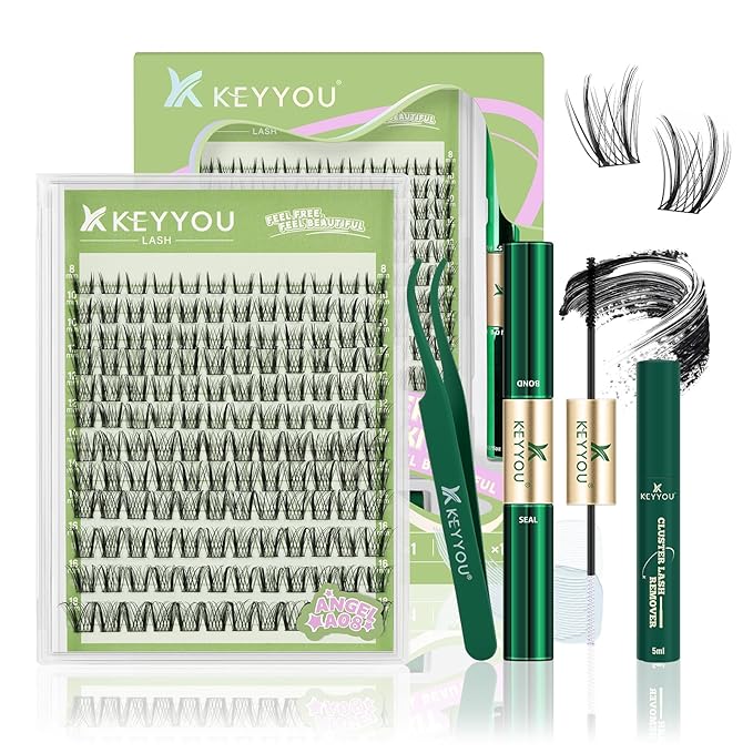 KEYYOU LASH Extension Kit 144Pcs Angel Lash Clusters Kit Thick Eyelash Extension Kit with Glue and Seal,Tweezers,Remover for DIY lash extension kit at Home（Kit-Angel A08-D-8-18MIX）