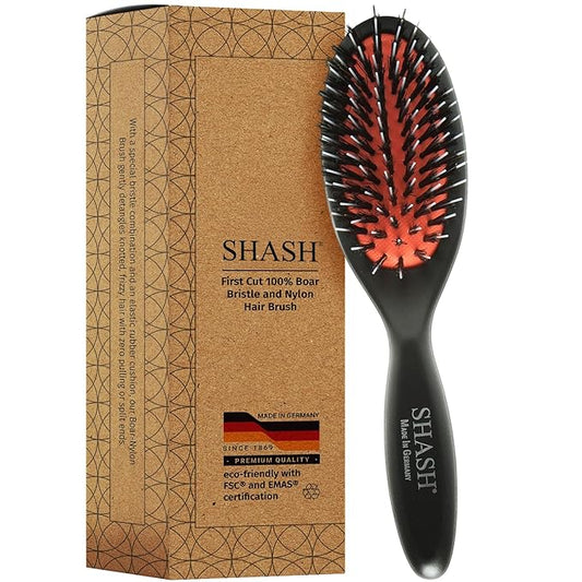 SHASH Since 1869 Hand Made In Germany - Nylon Boar Bristle Brush Suitable For Normal to Thick Hair Gently Detangles, No Pulling or Split Ends - Softens Improves Hair Texture, Stimulates (Extra Small)