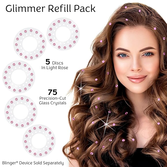 blinger® Shimmer Crystal Refill Pack – as seen on Shark Tank | 5 Discs – 75 Precision-Cut Glass Crystals | Hair-Safe Accessories | Styling Tool not included | Light Rose 5 mm