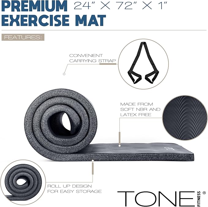 Tone Fitness 1-Inch Thick Yoga Mat | High-Density, Non-slip Exercise Mat with Carrying Strap for Yoga, Pilates, & Home Gym Workouts | Multiple Options