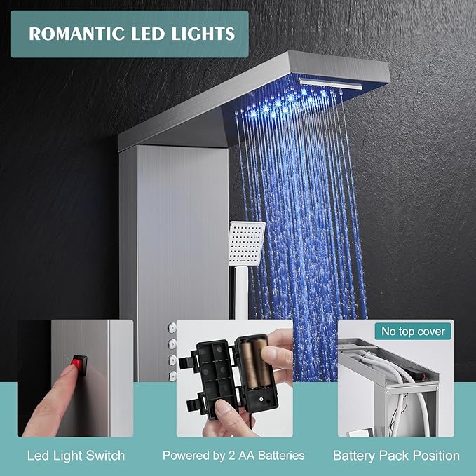 KINKIB LED Shower Panel Tower System with Rainfall Waterfall Shower Head, 5-in-1 Shower Tower with Powerful Body Jets, Handheld and Tub Spout, Shower Column Stainless Steel, Brushed Finish