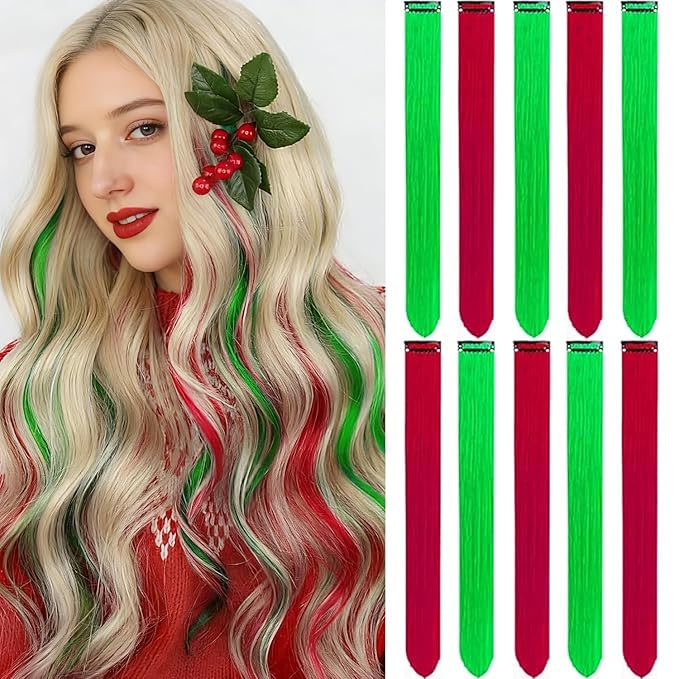 Colored Hair Extensions 10 PCS, Colorful Party Highlights Clip in Long Synthetic Hairpieces, Red and Green Hair Extensions for Girls Women Kids Cosplay Gifts 22 Inch