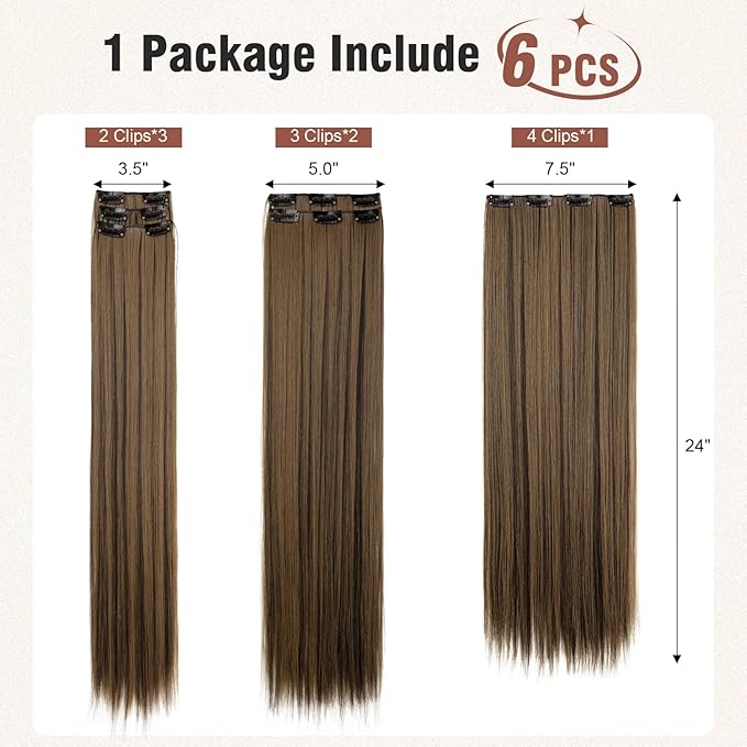 FLUFYMOOZ 6PC Clip in Hair Extensions 24" Straight Long Extensions for Women Synthetic Hairpiece (Black Brown with Highlights)