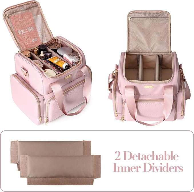 Prokva Large Makeup Cosmetic Bag with 3 Removable Case, Double Layer Travel Makeup Organizer Case with Inner Dividers and Makeup Brushes Storage Section, Pink (Patented Design)