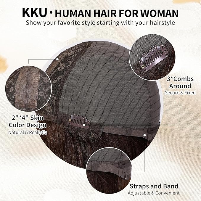KKU 16 Inch Gradient Blonde Human Hair Wigs for Women,Layered Straight Human Hair Wig with Bangs, Wear Natural Realism for Daily Use