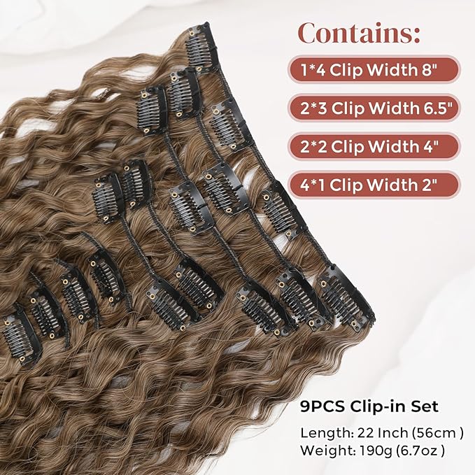 LONAI Hair Extension,9PCS 22" Curly Clip in Hair Extensions LN002 Long Soft Thick Synthetic Hairpieces for Women-Dark Ash Brown