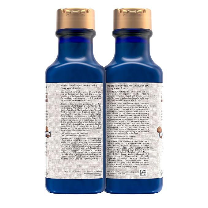 Maui Moisture Nourish & Moisture + Coconut Milk Shampoo + Conditioner to Hydrate and Detangle Curly Hair, Lightweight Daily Moisturizing Shampoo, Vegan, Silicone & Paraben-Free, 13 Fl Oz