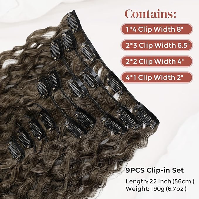 Hair Extension, LONAI 9PCS Clip in Hair Extensions, LN002 22" Long Curly Thick Heat Resistant Synthetic Soft Deep Wave Hairpieces for Women-Ombre Brown