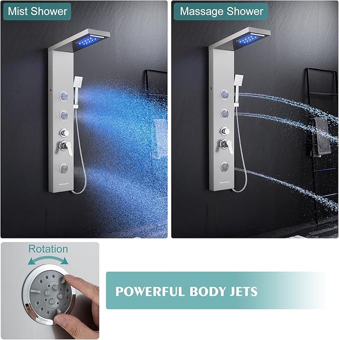 KINKIB LED Shower Panel Tower System, 6-in-1 Shower Tower with Rainfall Waterfall Shower Head, 2 Modes Powerful Body Jets, Handheld Shower and Tub Spout, Stainless Steel Shower Column, Brushed Finish