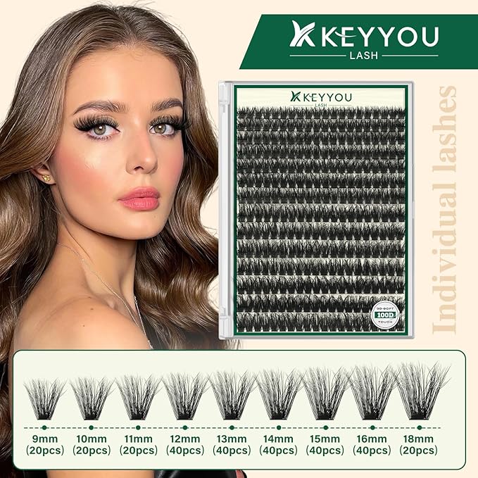 KEYYOU LASH Clusters 3D Effect Eyelash Clusters 280pcs 100D D Curl 9-18MIX Individual Lashes Wispy Lashes Volume Cluster Lashes Natural Soft DIY Lash Extension(3D-100D-D-9-18MIX)