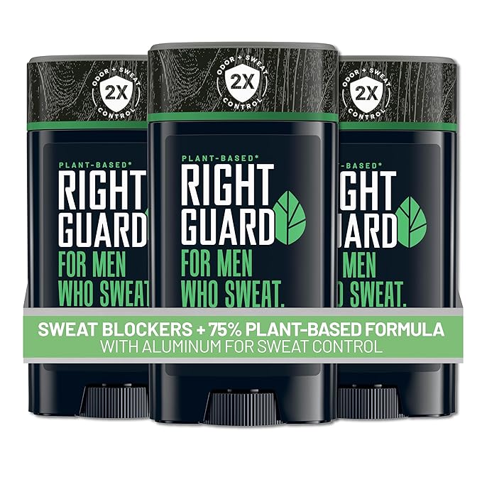 Right Guard Plant-Based Antiperspirant with Aluminum Sweat Blockers Invisible Solid Mens Deodorant, Mountain Fresh Scent, 2X Sweat Protection, 72HR Odor Control, for Sensitive Skin, 2.6 oz, 3pk