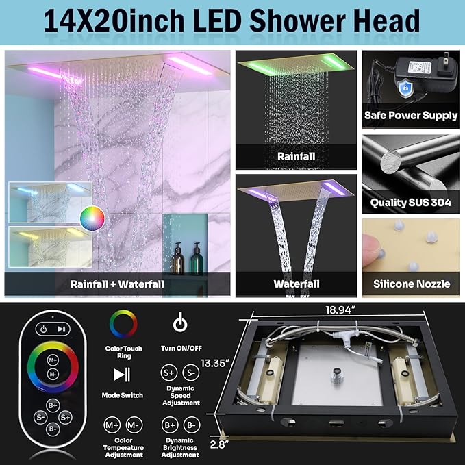 HOMEDEC Dual Shower System for Two, LED 14x20" & 6" Shower Heads, 4-Way Diverter Valves, Shower Faucet Set with Body Jets & Handheld, Brushed Gold