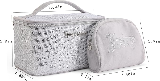 Juicy Couture Silver Sparkle Makeup Bag Set Cosmetics Organizer Travel Essentials Train Case Coin Purse Glitter Rhinestone Velour