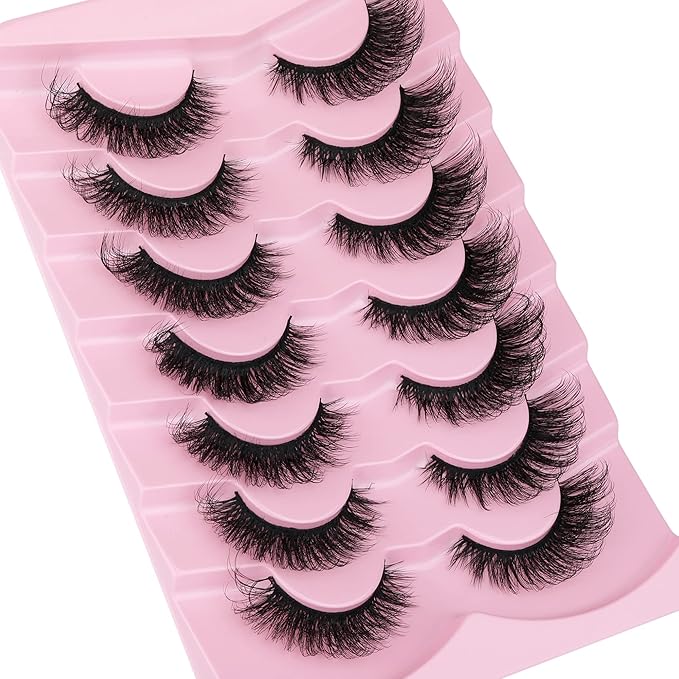 JIMIRE Faux Mink Lashes Fluffy Cat Eye Natural False Eyelashes Volume Wispy Fox Eye Crossed 17MM Thick Fake Lashes Look Like Eyelash Extensions Pestañas 7 Pairs Pack